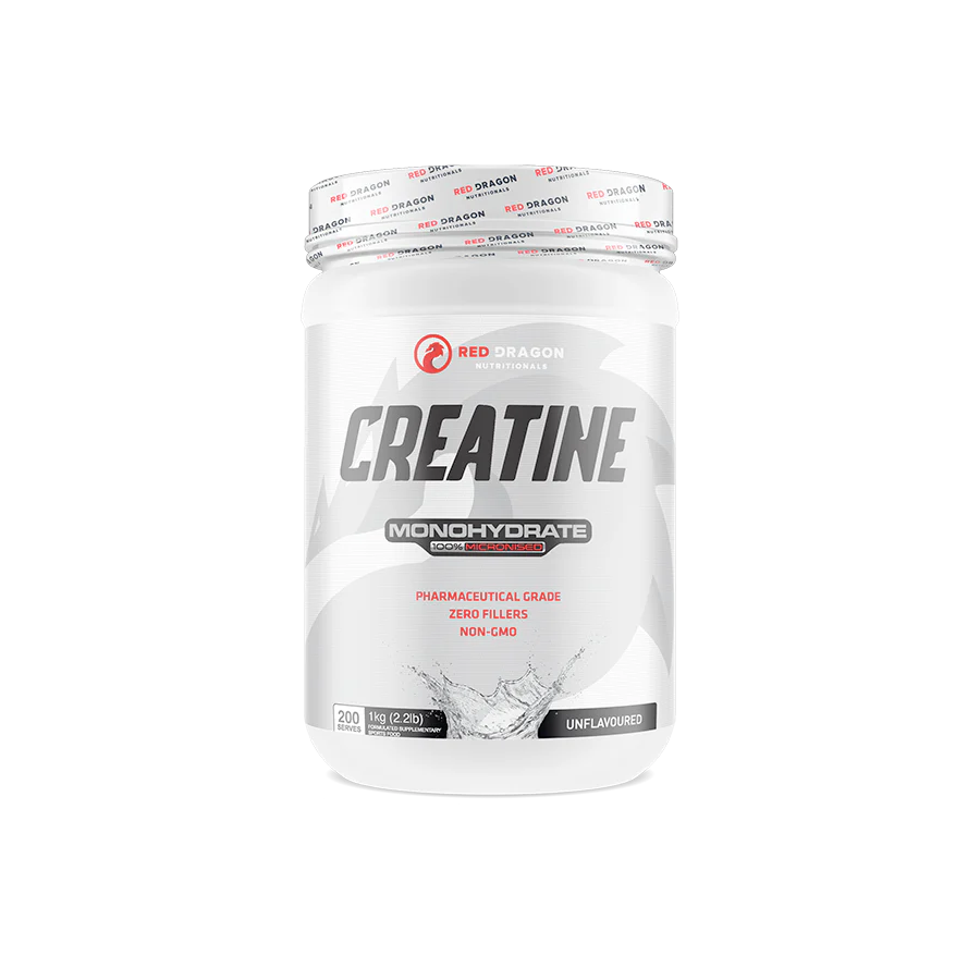 Red Dragon Nutritionals RDN Creatine Monohydrate powder in a clear container with a scoop, showing the supplement's packaging.