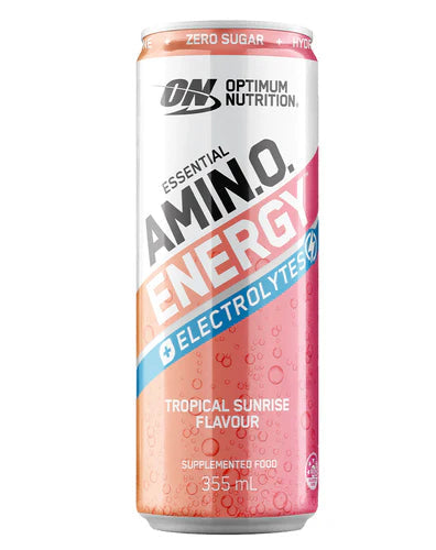Optimum Nutrition Sparkling Amino Energy drink can with vibrant label, showcasing the product’s branding and colorful design.