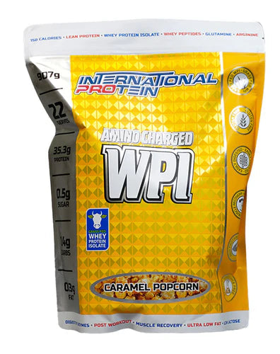 International Protein Amino Charged WPI supplement container with label and scoop, showcasing the product packaging and branding.
