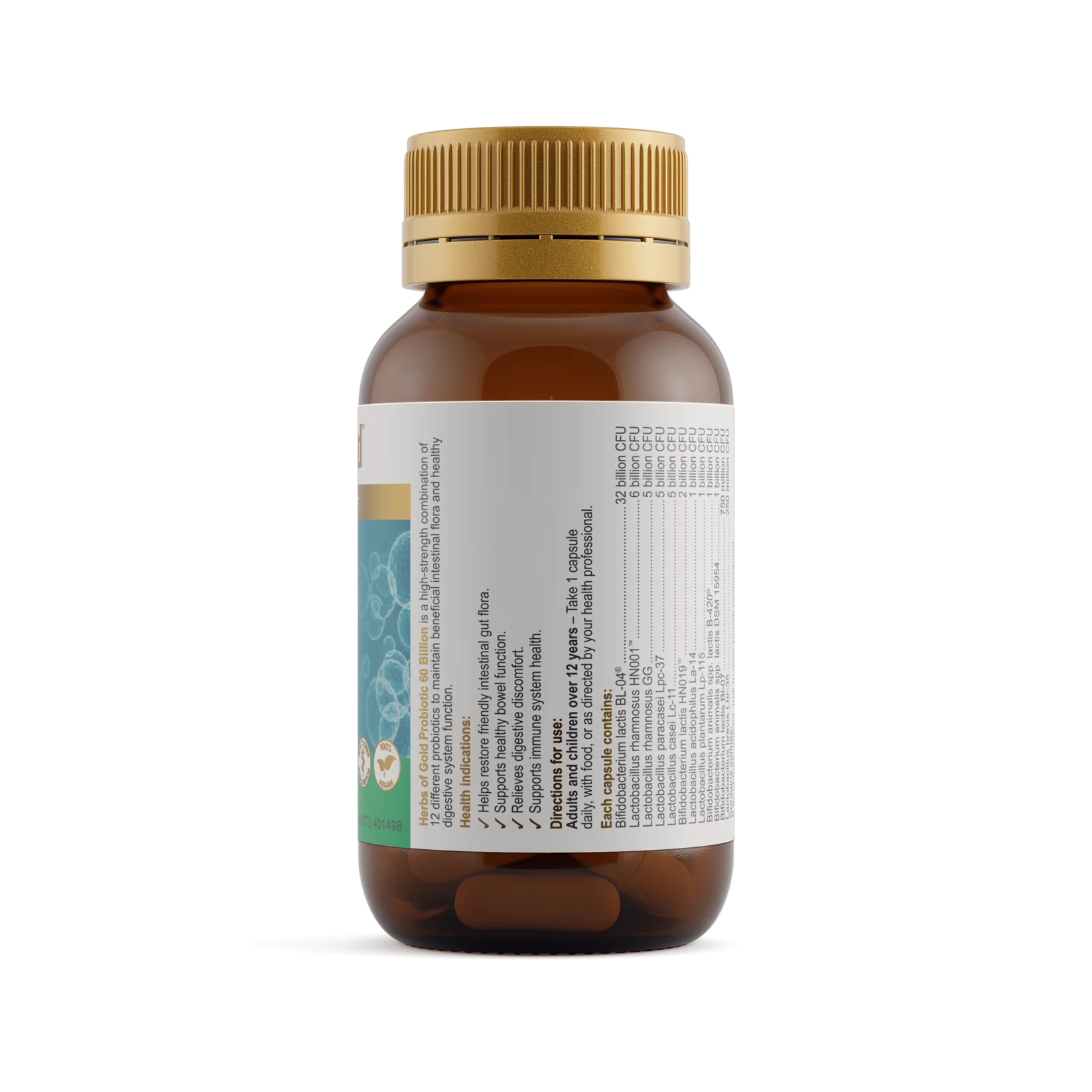 Herbs of Gold probiotic bottle showing 60 billion CFU with colorful label and capsules spilling out.