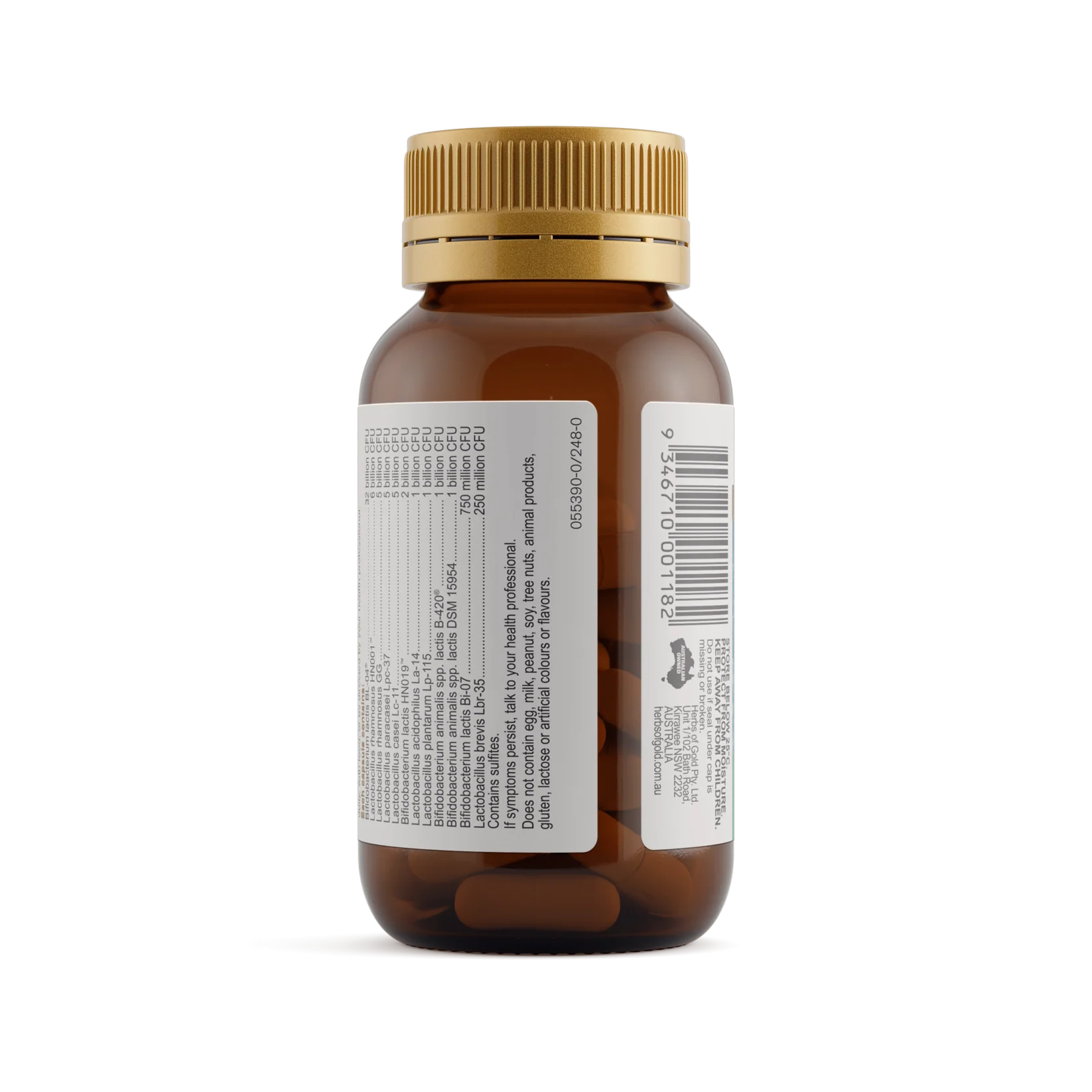 Herbs of Gold Probiotic 60 Billion capsules showing the supplement bottle with label and capsules inside.