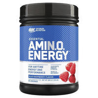 Optimum Nutrition Amin.O. Energy dietary supplement container with vibrant label, showing flavor options and product branding.