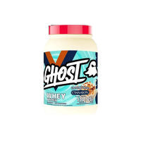 GHOST Whey protein powder container with GHOST branding, featuring a scoop and flavor label on a white background.