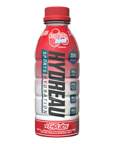 EHP LABS Hydreau RTD drink bottle with colorful label and clear liquid inside, showcasing the product's fresh and vibrant packaging.