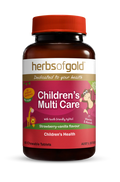 HERBS OF GOLD Children's Multi Care supplement bottle with colorful label, featuring herbal imagery and product information.