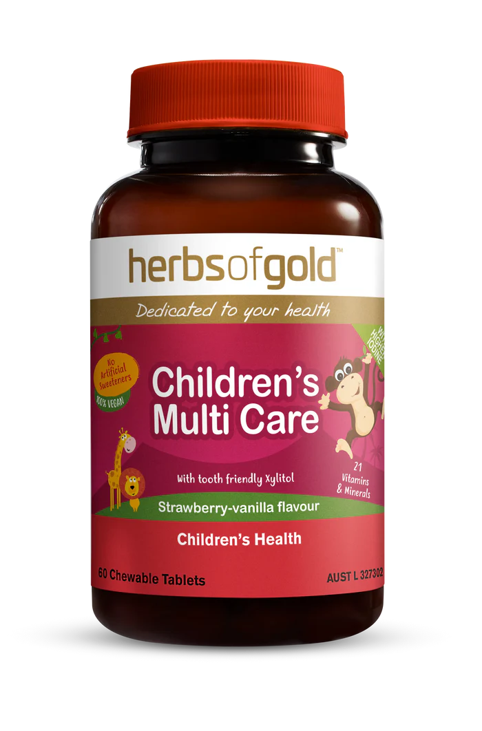 HERBS OF GOLD Children's Multi Care supplement bottle with colorful label, featuring herbal imagery and product information.