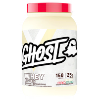 GHOST WHEY protein powder container with GHOST branding and label, featuring a black and white design.