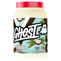 GHOST WHEY protein powder container with label, featuring GHOST branding, shown from the front with a white and black design.