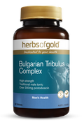 Herbs of Gold Bulgarian Tribulus Complex supplement bottle with label showing herbal ingredients and product details.