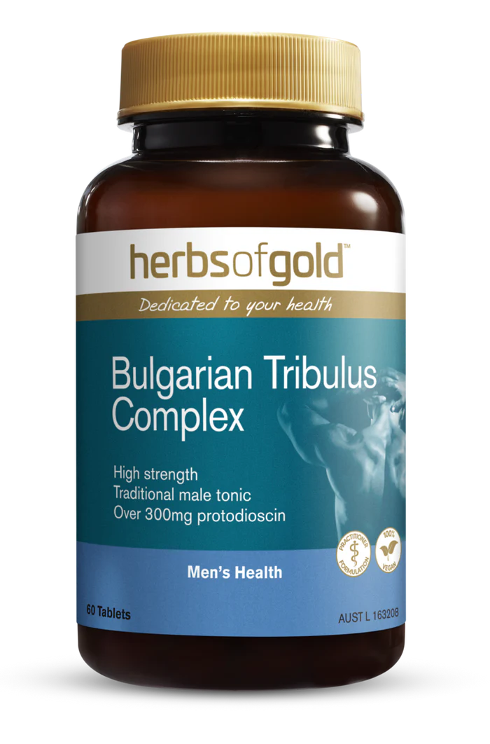 Herbs of Gold Bulgarian Tribulus Complex supplement bottle with label showing herbal ingredients and product details.