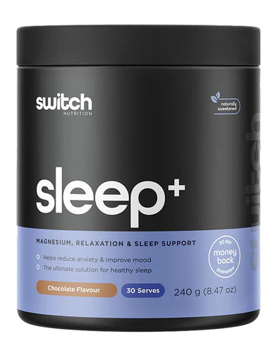 Switch Nutrition Sleep+ supplement bottle with label, featuring capsules and product details on a clean background.