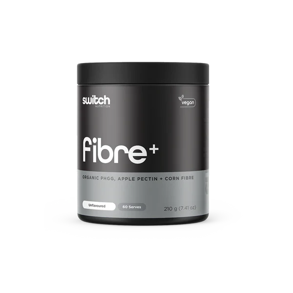 Switch Nutrition Fibre+ dietary supplement, showing the white and green packaging with the Switch Nutrition logo and product details.