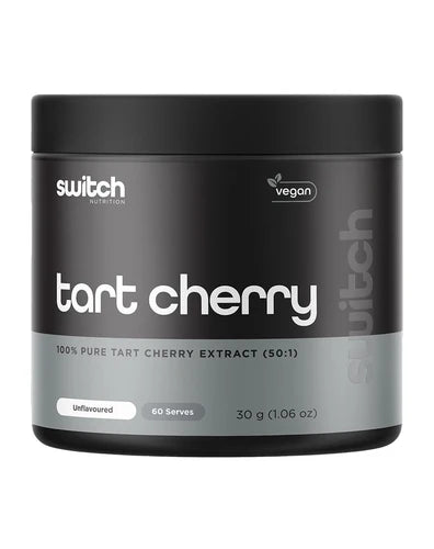 Switch Nutrition Tart Cherry Powder in a jar, showing the label and scoop beside it, highlighting the dietary supplement packaging.