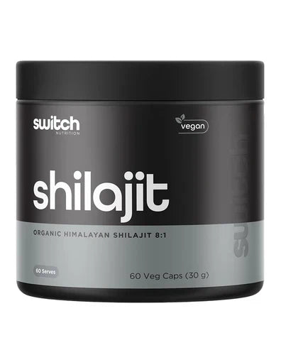 Switch Nutrition Shilajit supplement in a jar with a scoop, showing the natural resin and packaging for health and wellness.