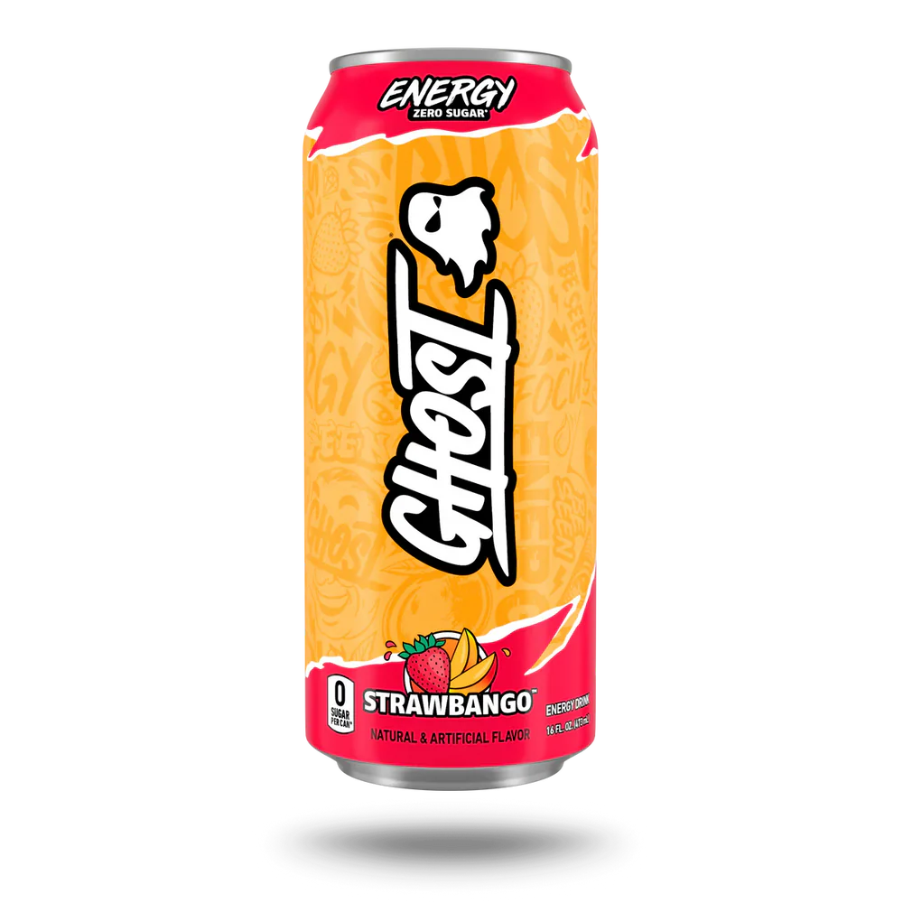 GHOST ENERGY can with vibrant label design, displaying the GHOST brand logo and colorful graphics on a sleek aluminum can.