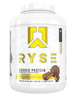 RYSE LOADED PROTEIN supplement jar from RYSE UP with label visible, featuring a sleek black and white design.
