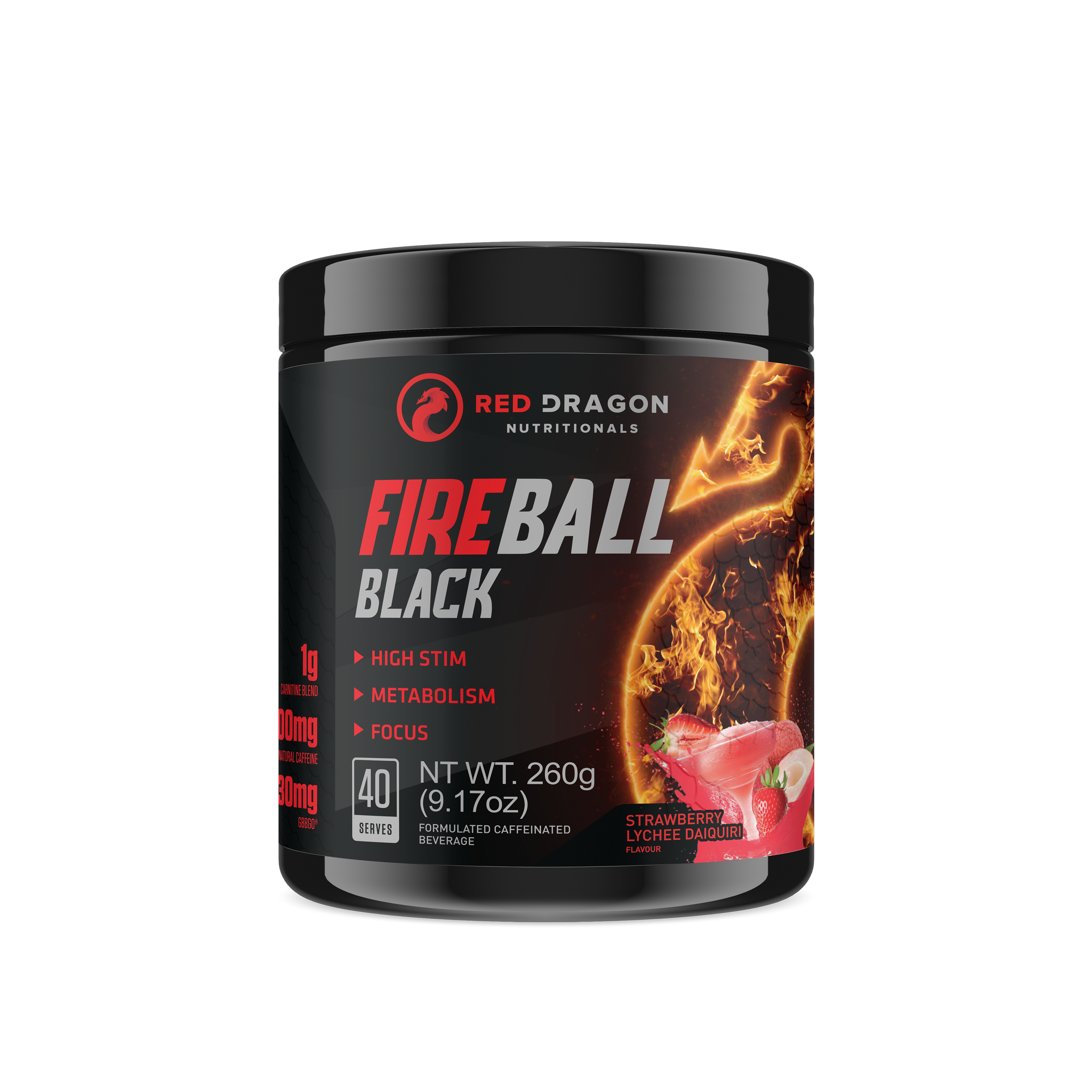 Red Dragon Nutritionals RDN Fireball Black thermogenic supplement bottle with black label and cap, featuring product branding and design.