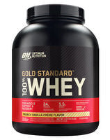 Optimum Nutrition 100% Gold Standard Whey protein powder container with label and scoop visible in the image.
