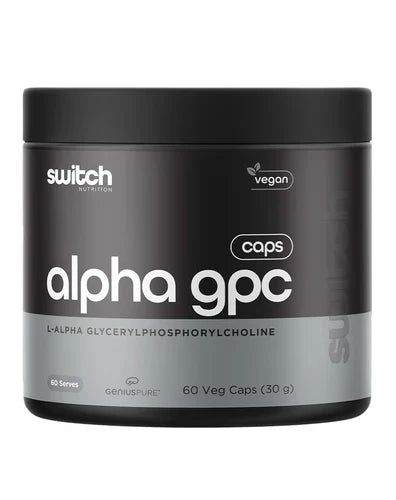 Switch Nutrition Alpha GPC supplement bottle with label showing capsules and branding, designed for brain support and cognitive health.