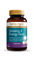 Herbs of Gold Ginseng 4 Energy Gold supplement bottle with label showing ginseng root illustration and product details.
