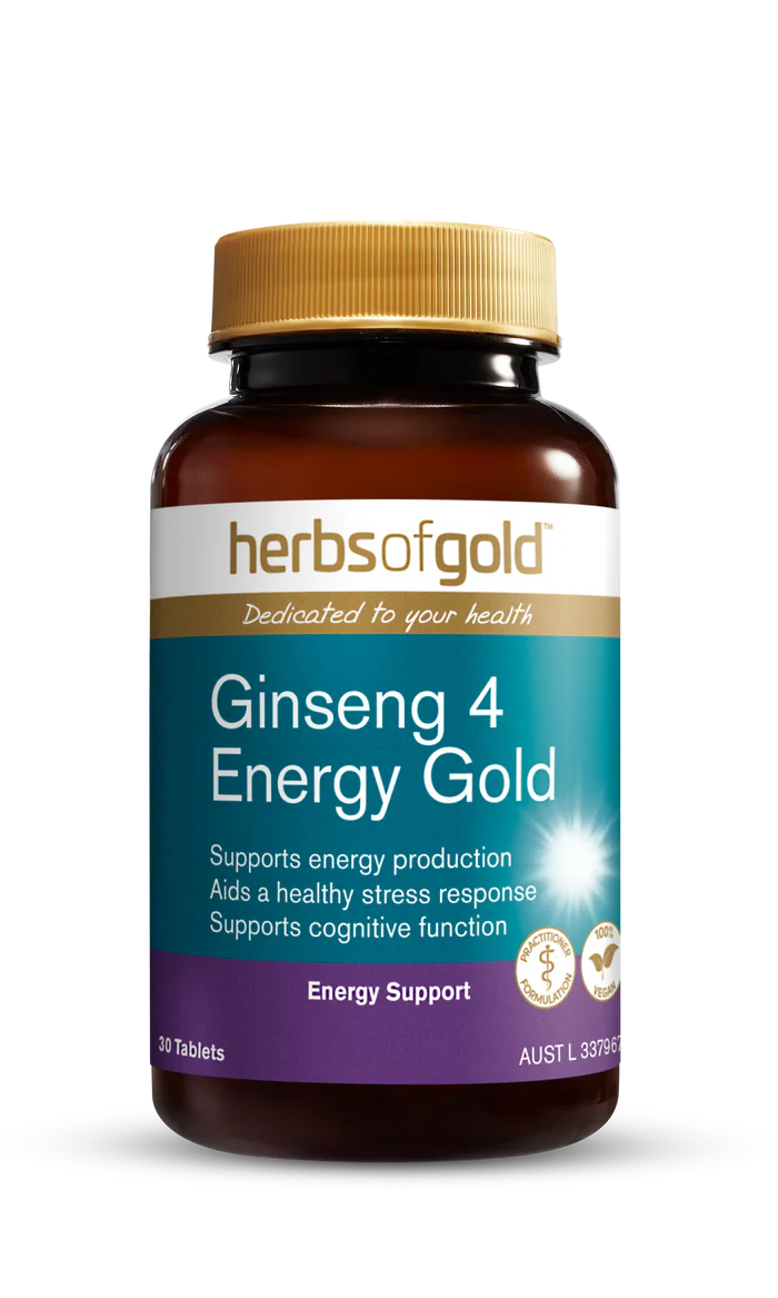 Herbs of Gold Ginseng 4 Energy Gold supplement bottle with label showing ginseng root illustration and product details.