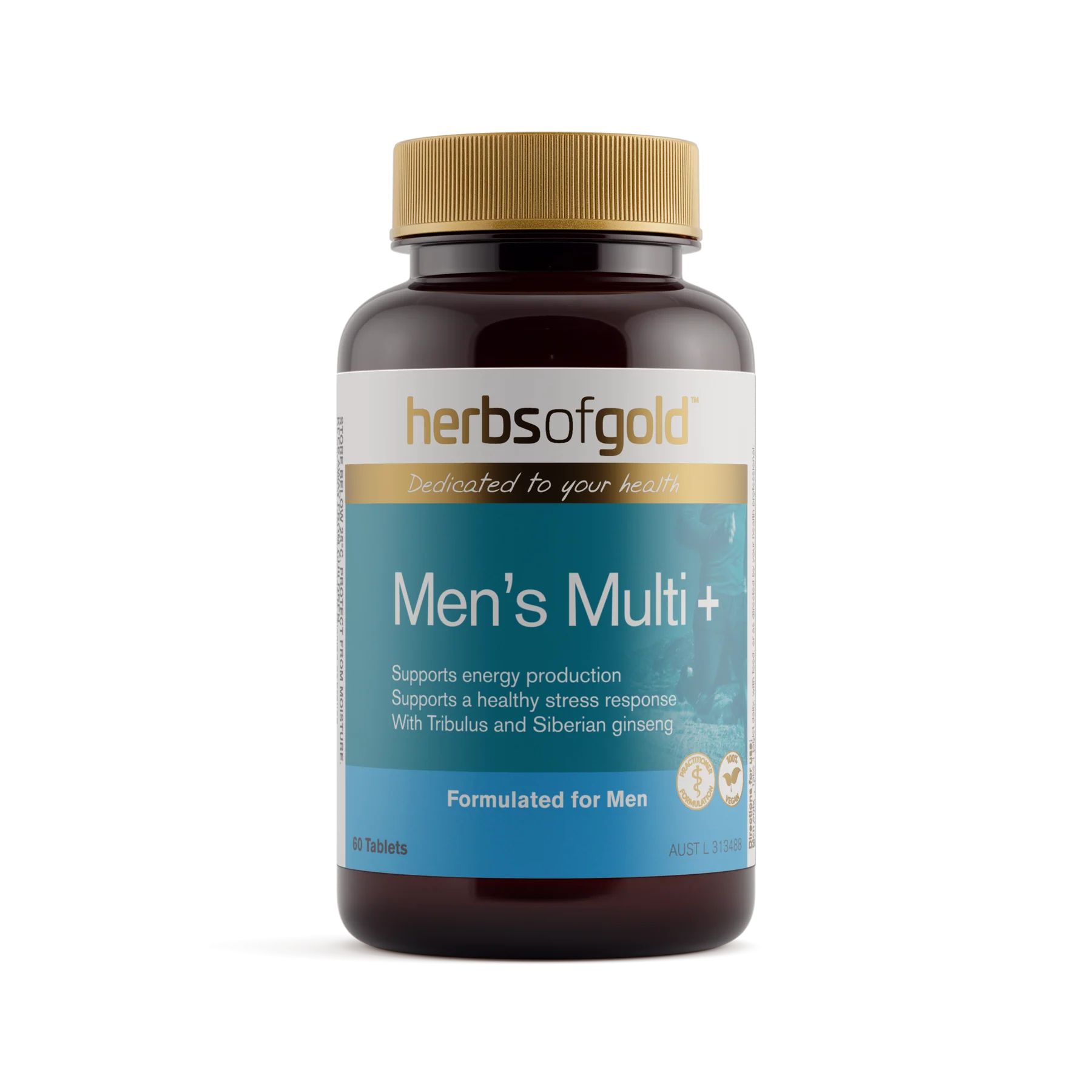 Herbs of Gold Men's Multi+ multivitamin supplement bottle with label, featuring colorful design and product details.