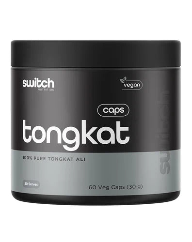 Switch Nutrition Tongkat Ali supplement bottle with label, featuring capsules and branding visible on the product packaging.