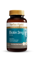 Herbs of Gold Biotin 3mg supplement bottle with label showing herbal branding and product details.