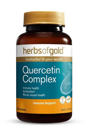 Herbs of Gold Quercetin Complex supplement bottle with label, featuring natural ingredients and product branding.