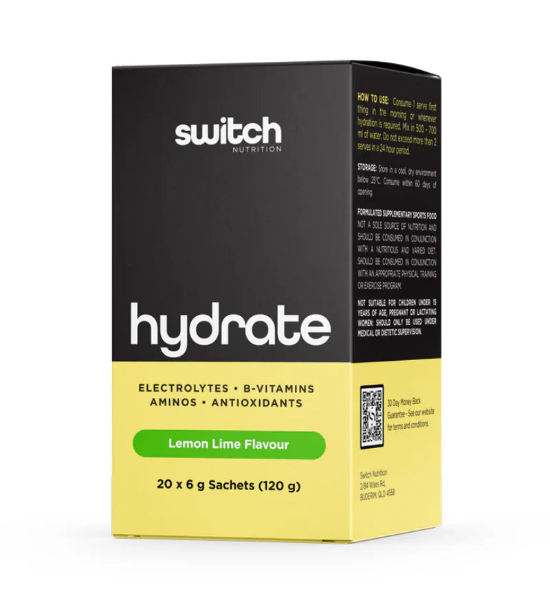 Switch Nutrition Hydrate sachets showing colorful powder packets for hydration and electrolyte replenishment.