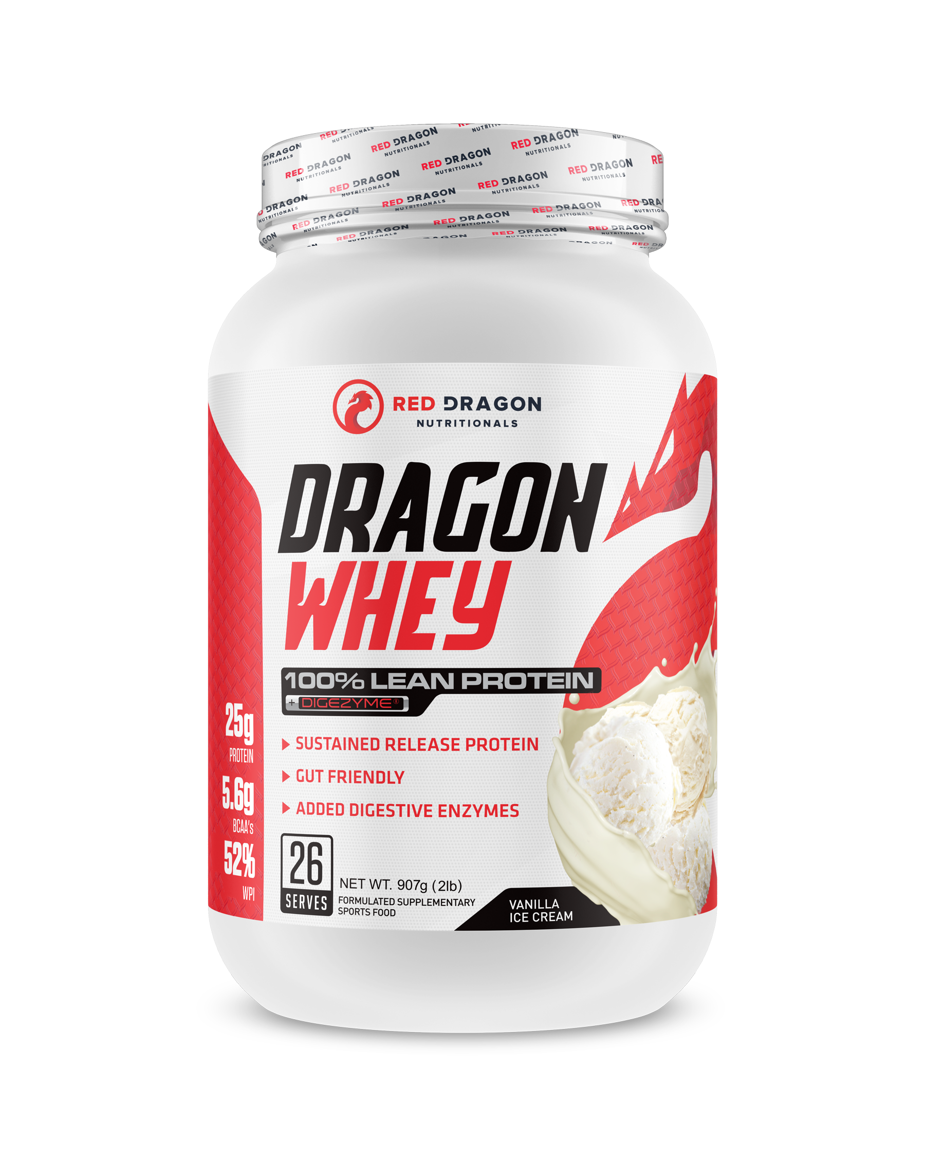 Red Dragon Nutritionals Dragon Whey Protein container showcasing the label and product packaging.
