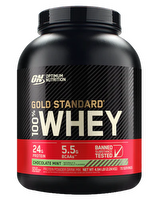 Container of OPTIMUM NUTRITION 100% GOLD STANDARD WHEY protein powder with a black and gold label, shown from a front view.
