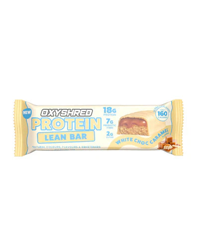EHP LABS Oxyshred Lean Protein Bar with chocolate coating and caramel filling, showcasing a healthy snack option from EHP LABS.