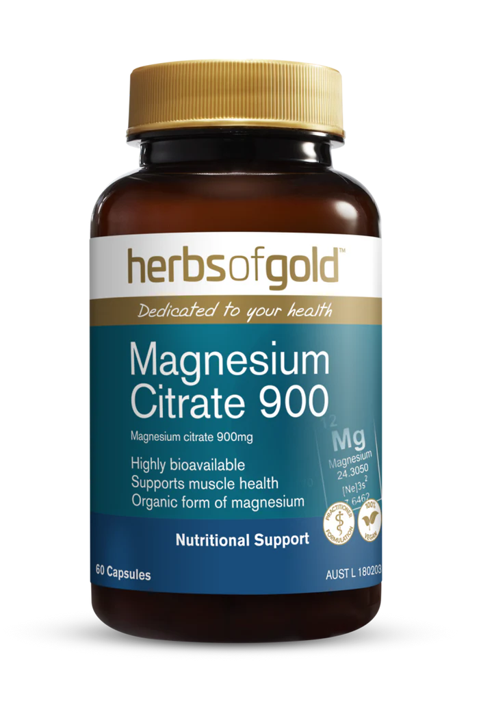 Herbs of Gold Magnesium Citrate 900 supplement bottle with label, featuring natural herbal imagery and product details.