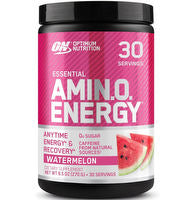 Optimum Nutrition Amin.O. Energy supplement container with label, featuring orange and white packaging and nutritional details.