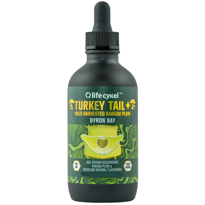 LIFE CYKEL Turkey Tail Double Extract supplement bottle showing label with product name and brand, placed on a white background.