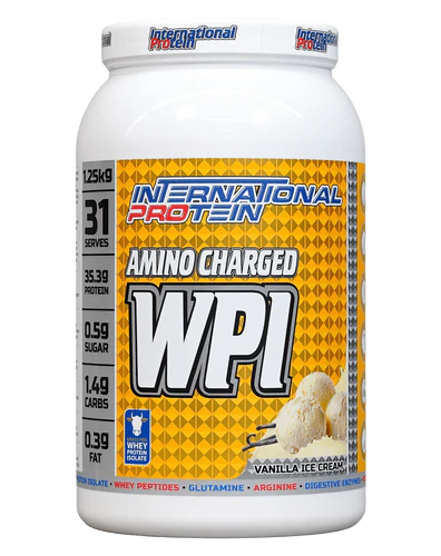 International Protein Amino Charged WPI powder container with label showing product details and branding.