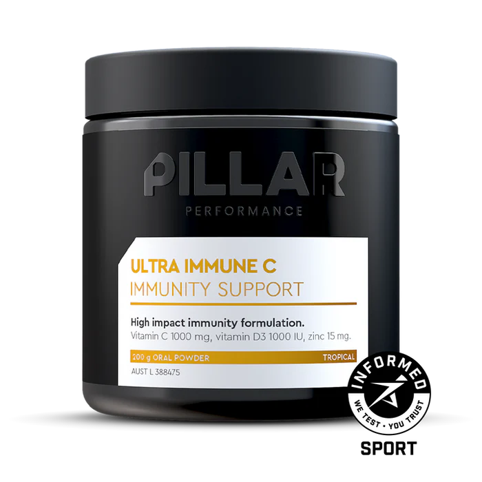 Pillar Performance Ultra Immune C supplement bottle with white label and orange accents, showing the product name and branding.
