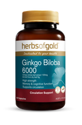 Herbs of Gold Ginkgo Biloba 6000 supplement bottle, natural herbal supplement for cognitive support.