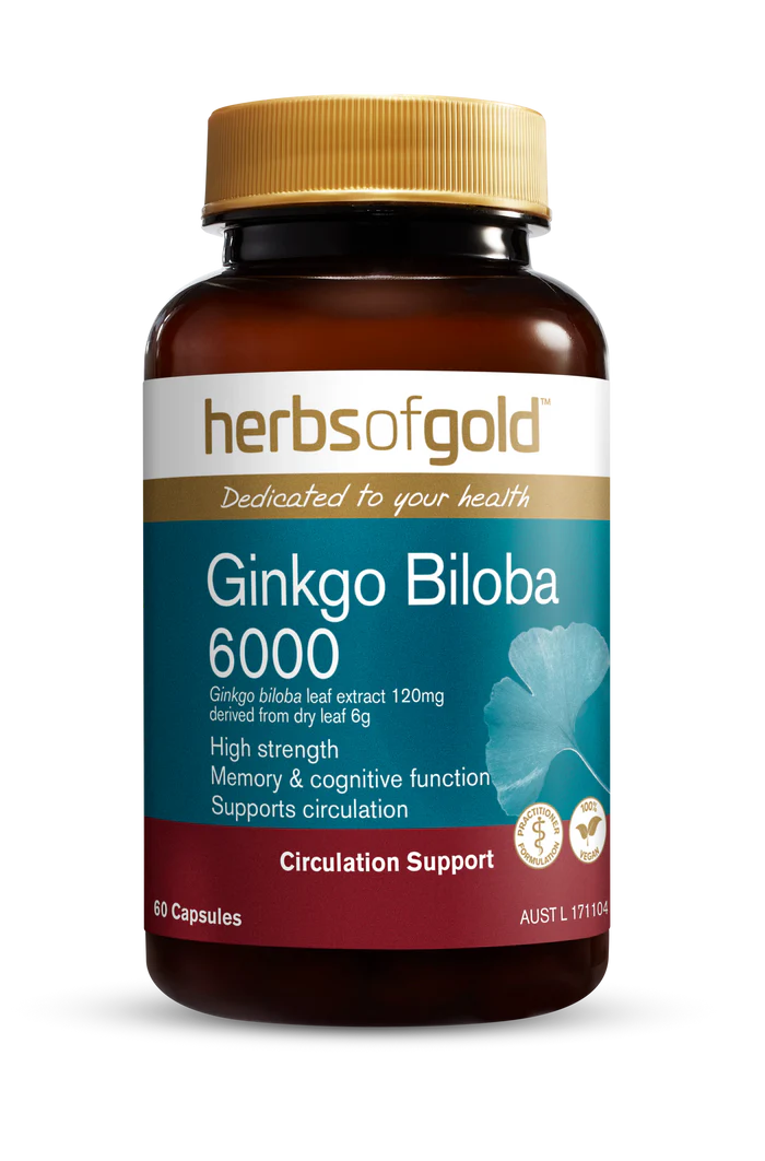 Herbs of Gold Ginkgo Biloba 6000 supplement bottle, natural herbal supplement for cognitive support.