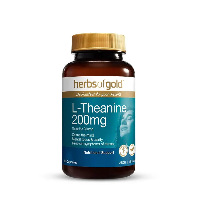 Bottle of Herbs of Gold L-Theanine 200mg dietary supplement showing the label and capsule container.