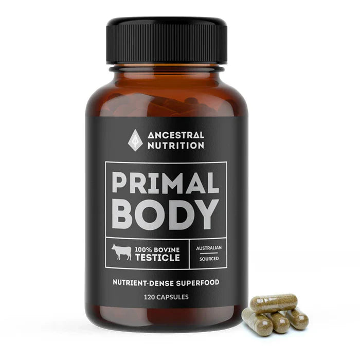 Ancestral Nutrition Primal Body supplement container with label, showing the product name and branding on a clean background.