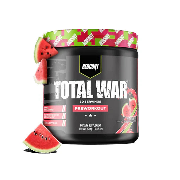Redcon1 Total War pre-workout supplement in a vibrant container with colorful label and branding, displayed on a white background.