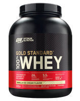 Optimum Nutrition 100% Gold Standard Whey protein powder jar with label and scoop, in a clean retail display setting.
