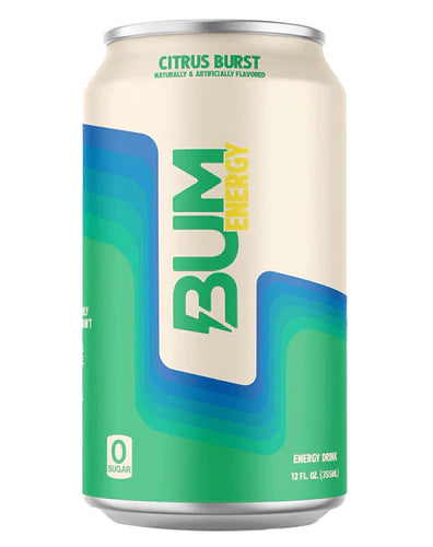 BUM ENERGY RTD energy drink can featuring vibrant branding and design, showing the BUM ENERGY logo and colorful graphics.