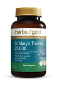 Herbs of Gold St Marys Thistle supplement bottle with label, herbal supplement for liver health, 35,000 potency.