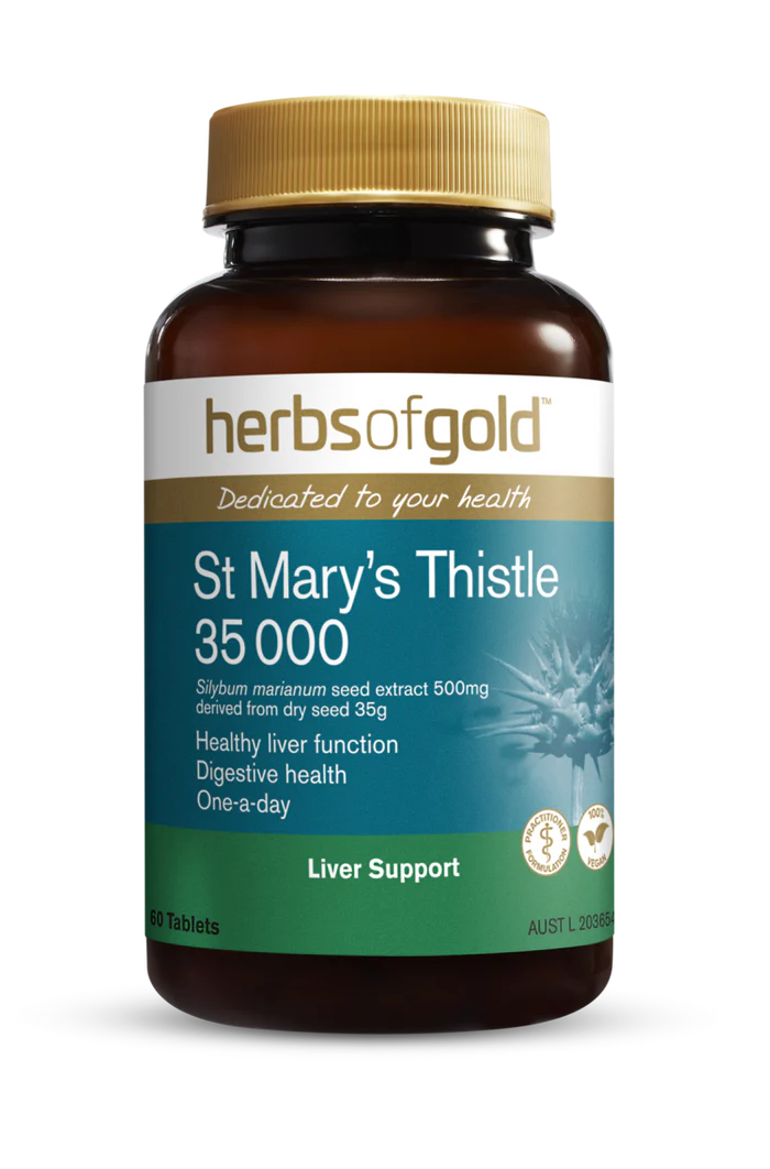 Herbs of Gold St Marys Thistle supplement bottle with label, herbal supplement for liver health, 35,000 potency.
