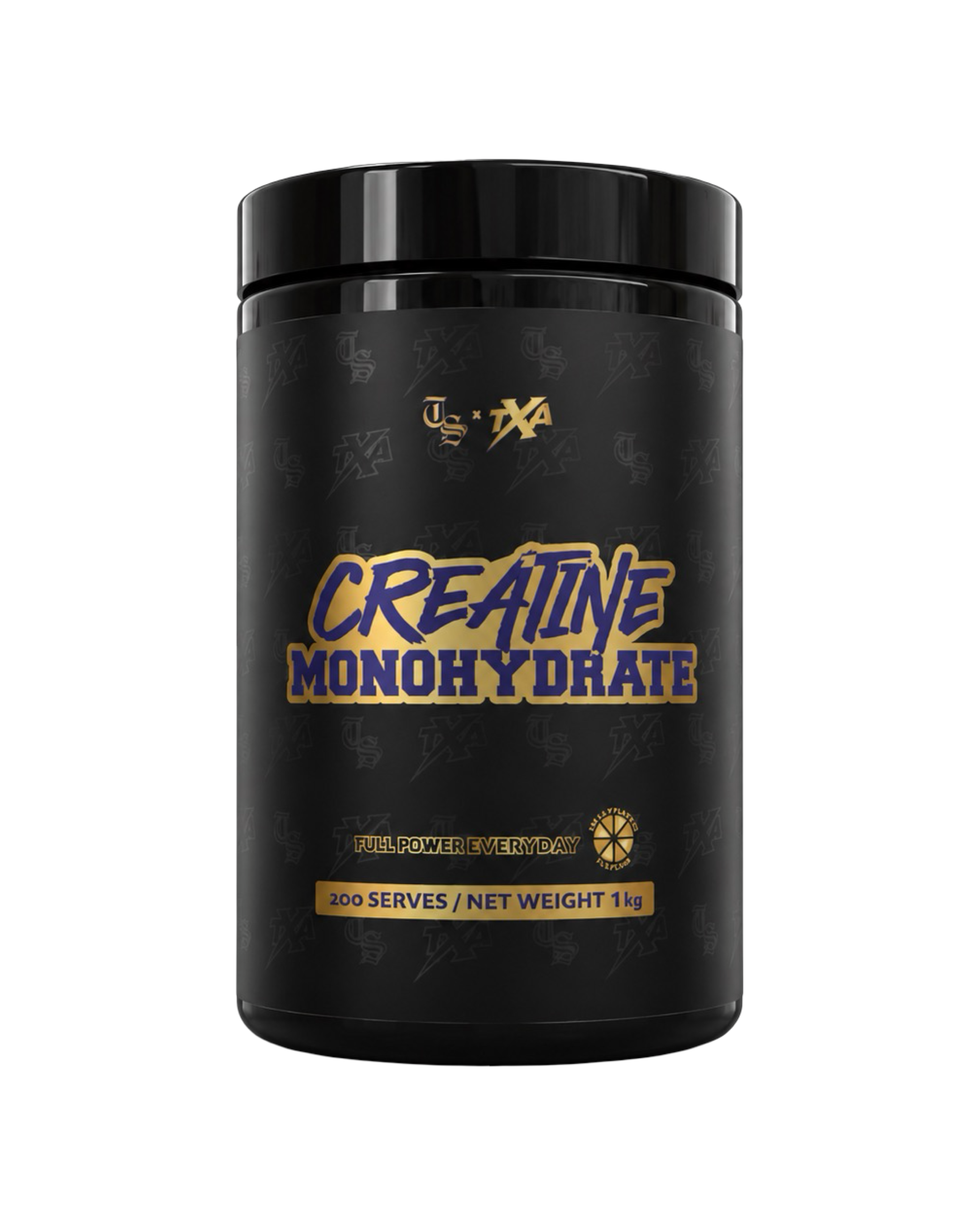 Unflavored creatine monohydrate powder in a clear container from The X Athletics, part of Transparent Supplements, 1kg.
