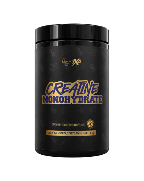 Unflavored creatine monohydrate powder in a clear container from The X Athletics, part of Transparent Supplements, 1kg.