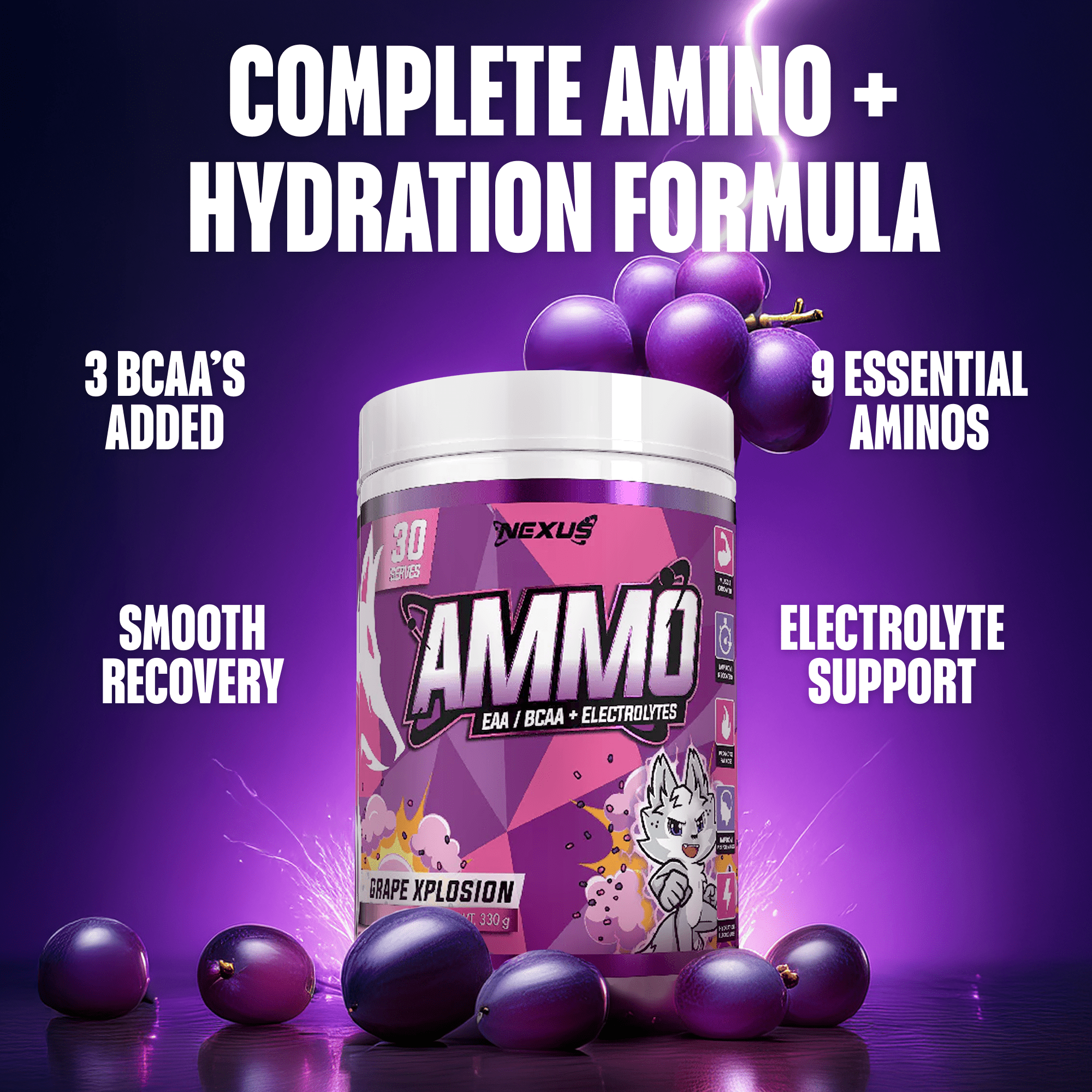 Nexus Nutrition AMMO Aminos in GrapeXplosion flavor, showing the colorful supplement container and label.